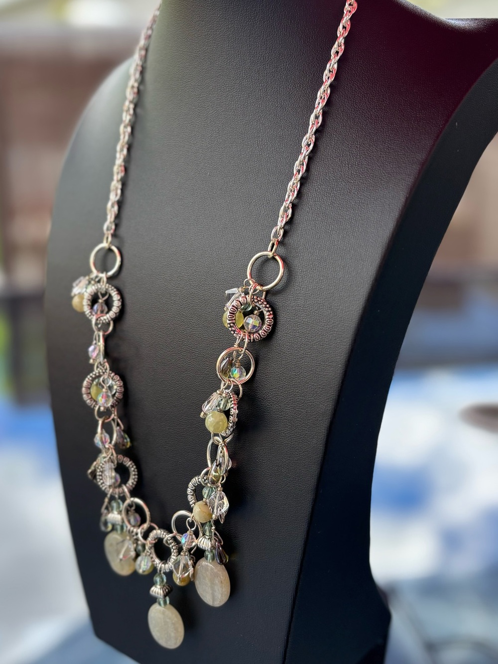 Artisan SilverTone Charm Necklace AB Beads Crystal Dangles Stones Boho Statement